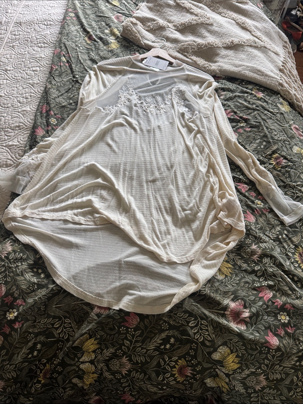 Free People Cream Long Sleeve Mini Dress with Lace Yoke